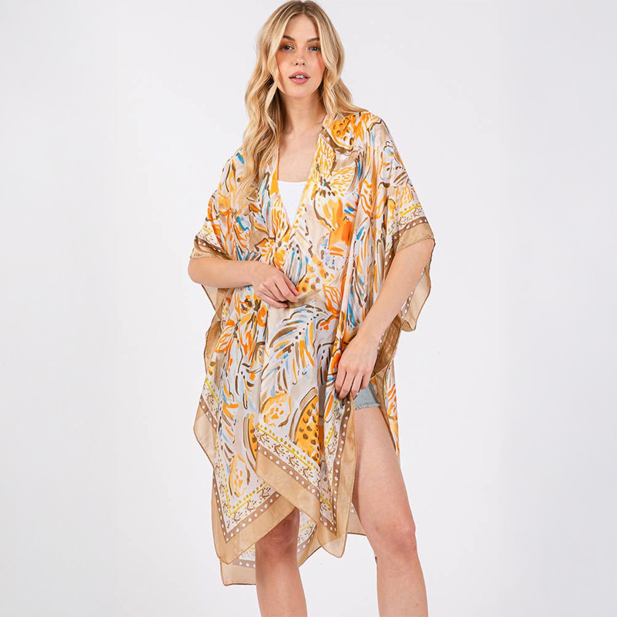 Taupe Floral Flower Pattern Silky Feel Summer Kimono Coverup - SKRF