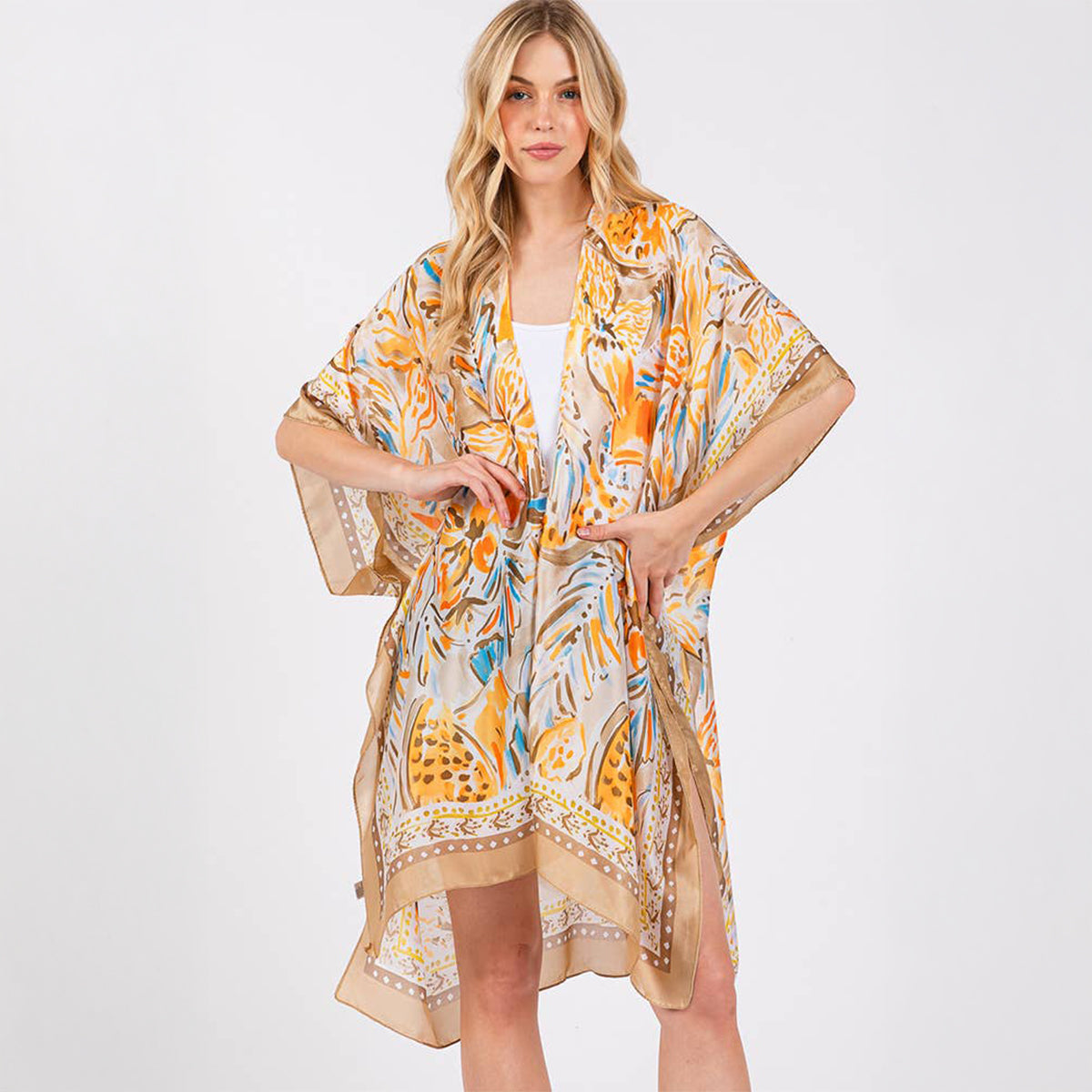 Taupe Floral Flower Pattern Silky Feel Summer Kimono Coverup - SKRF