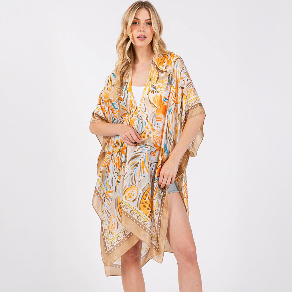 Taupe Floral Flower Pattern Silky Feel Summer Kimono Coverup - SKRF