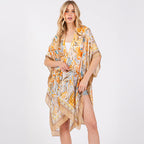 Taupe Floral Flower Pattern Silky Feel Summer Kimono Coverup - SKRF