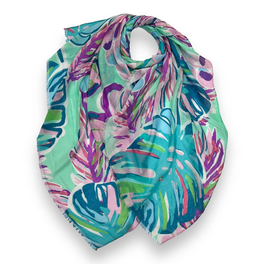 Tropical Flower & Leaf Green Print Scarf - SKRF