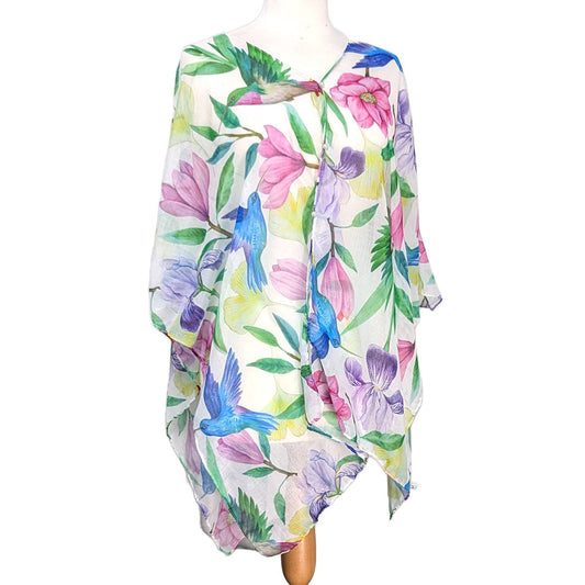 Tropical Hummingbird Blue Print Faux Pearl Detail Poncho - SKRF