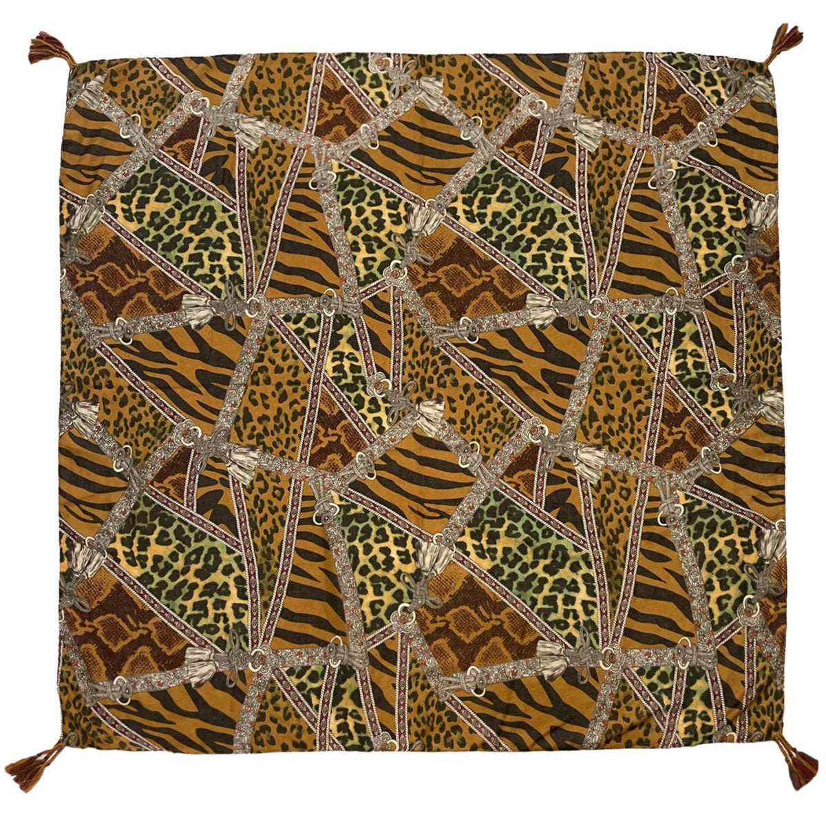 Ultimate Animal Print Patchwork Square Tassel Scarf Camel Brown - SKRF