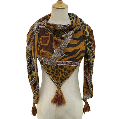 Ultimate Animal Print Patchwork Square Tassel Scarf Camel Brown - SKRF