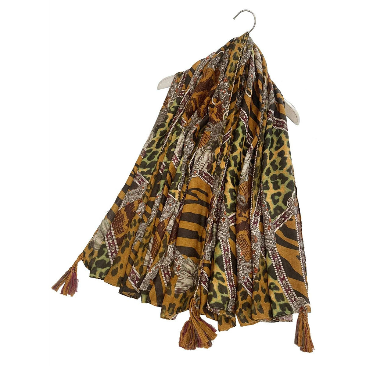 Ultimate Animal Print Patchwork Square Tassel Scarf Camel Brown - SKRF