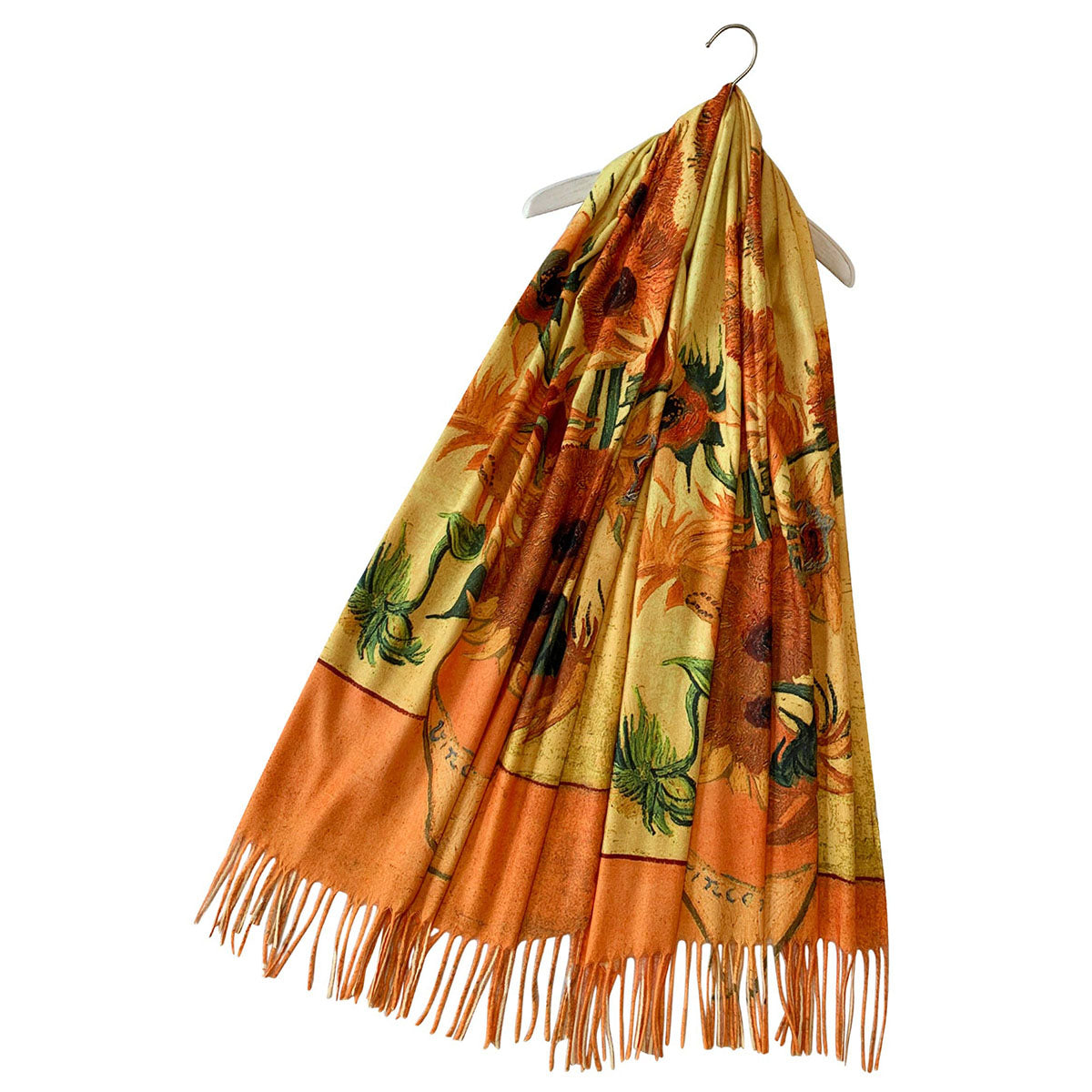 Van Gogh Style Gold Sunflowers Print Wool Mix Tassel Scarf - SKRF