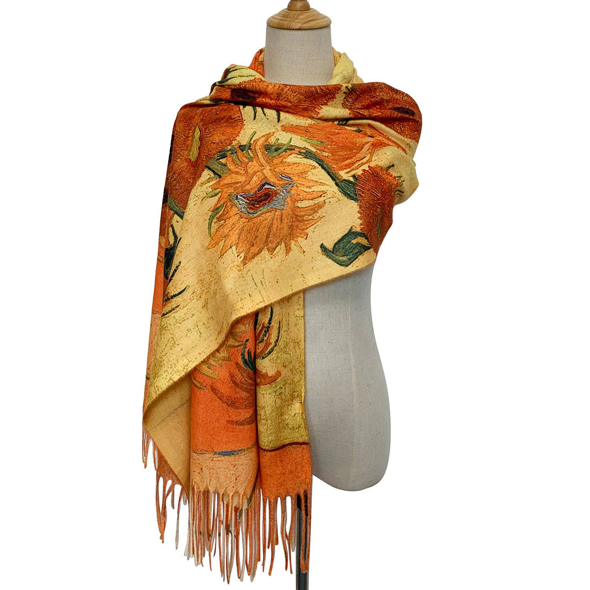 Van Gogh Style Gold Sunflowers Print Wool Mix Tassel Scarf - SKRF