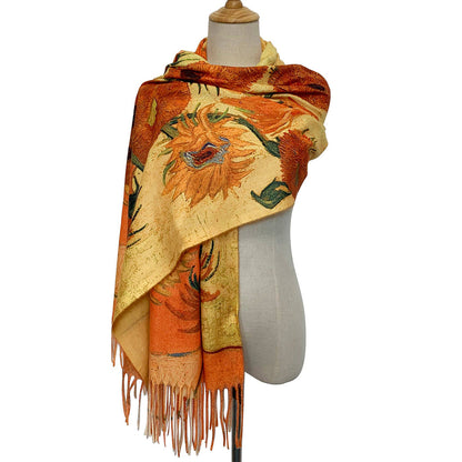 Van Gogh Style Gold Sunflowers Print Wool Mix Tassel Scarf - SKRF