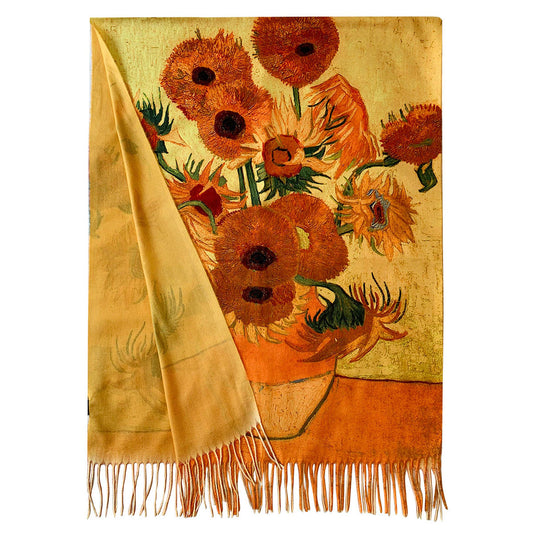 Van Gogh Style Gold Sunflowers Print Wool Mix Tassel Scarf - SKRF