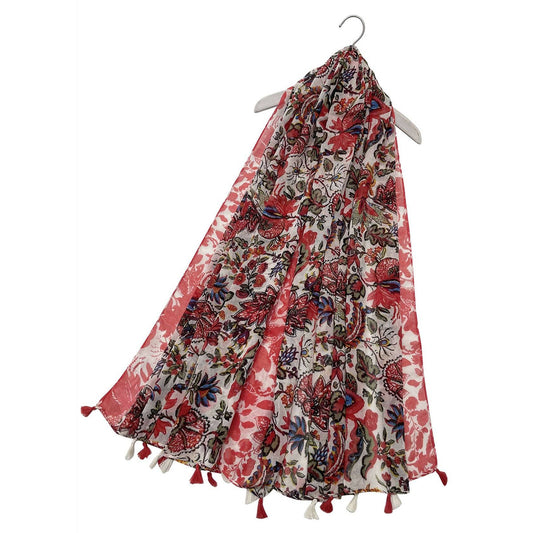 Vibrant Illustrated Floral Print Tassel Scarf Red - SKRF